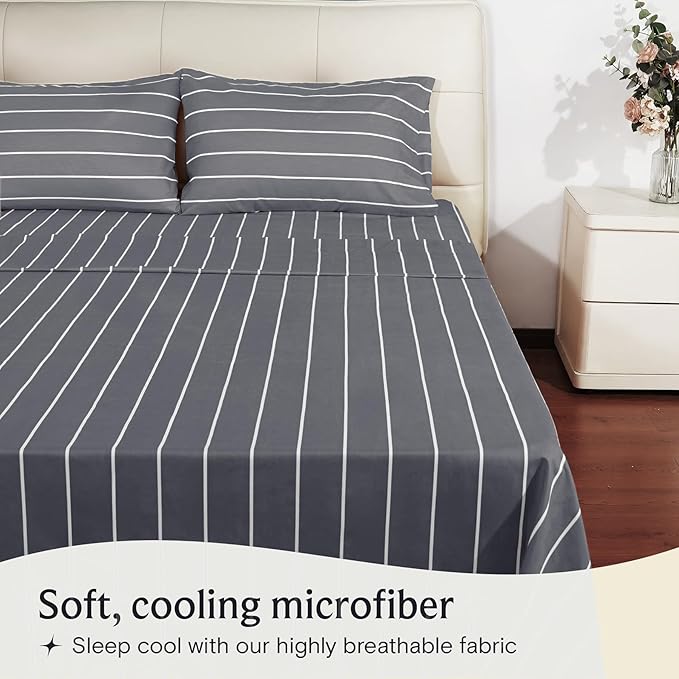 LuxClub 4 PC King Size Sheet Set Bed Sheets, Breathable Luxury Deep Pockets Wrinkle Free Cooling Sheets Machine Washable Hotel Bedding (King, Striped Light Grey)