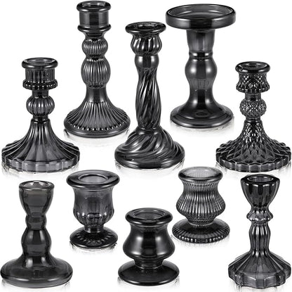 Mumufy 10 Pcs Glass Crystal Taper Candle Holders Clear Glass Candlestick Holder Fit 0.8 Inch Candles Crystal Decorative Candle Stand Centerpiece Table Wedding Dining Party (Classic,Black)