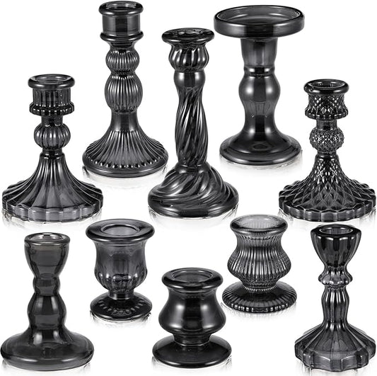 Mumufy 10 Pcs Glass Crystal Taper Candle Holders Clear Glass Candlestick Holder Fit 0.8 Inch Candles Crystal Decorative Candle Stand Centerpiece Table Wedding Dining Party (Classic,Black)