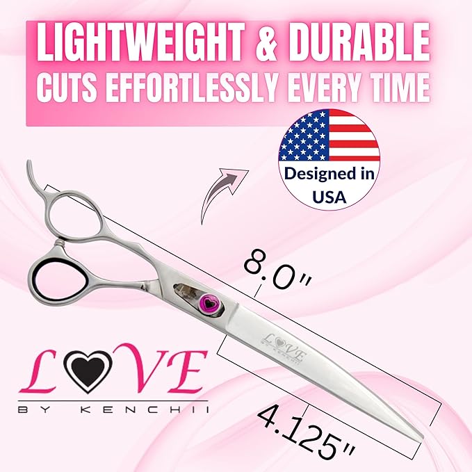 Kenchii Love Dog Grooming Scissors, 8 Inch Curved Shears, Dog Scissors for Grooming, Professional Pet Grooming Scissors-Mewly Pet