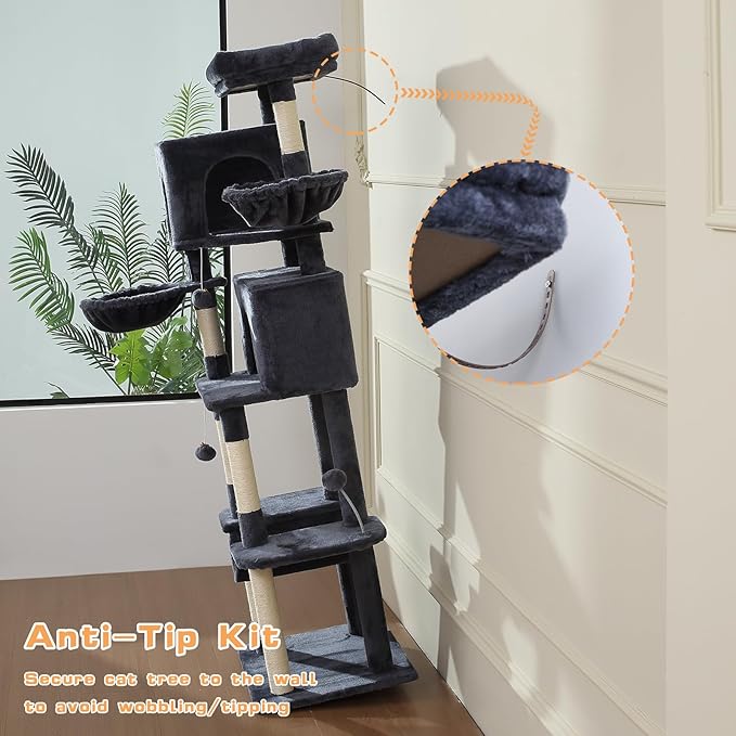 70-Inch Cat Tree,Large Cat Tree Tower with Hammock, Scratching Post, Condo and Multi-Level Cat Tower for Large Cats, Cat Activity Center Playhouse, Dark Gray LCT016-Mewly Pet