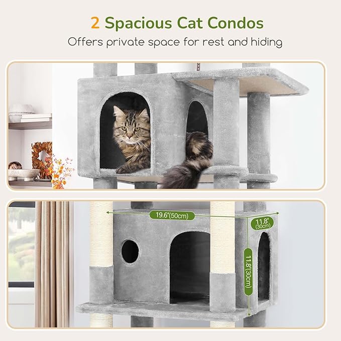 Globlazer Large Cat Tree Tower, Tall Cat Tree Condos for Indoor Cats Large Adult Cat Climbing Tower with 2 Spacious Caves, Oversized Top Perch, Big Hanging Basket, Cat Teaser Wand, F74B, Light Grey-Mewly Pet