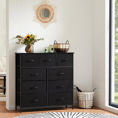 Sweetcrispy Dresser for Bedroom with 9 Storage Drawers, Tall Large Fabric Storage Tower Organizer, Chest of Drawers with Metal Frame Wooden Top for Nursery, Closet, Living Room, Entryway, Black