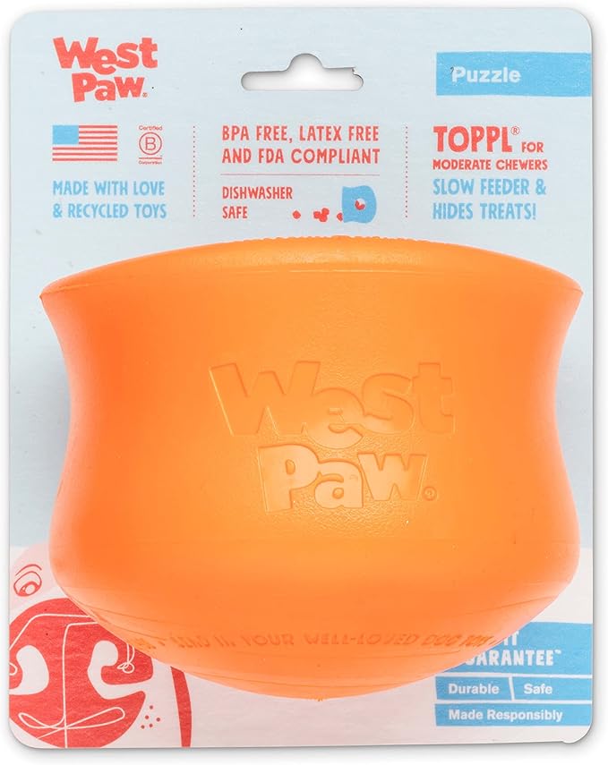 WEST PAW Zogoflex Toppl Treat Dispensing Dog Toy Puzzle – Interactive Chew Toys for Dogs – Dog Toy for Moderate Chewers, Fetch, Catch – Holds Kibble, Treats, X-Large, Tangerine-Mewly Pet