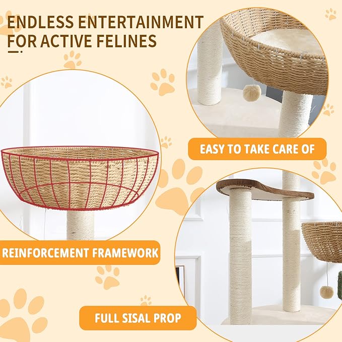 52" Modern Cat Tree Tower for Large Cats, 3Cat Nests Manual Hand Woven Multilevel Huge Paws Pals Cat Tree, Wood Cat Tower, Cat Scratching Tree, Cat Condo, Cat Lover Gift-Mewly Pet