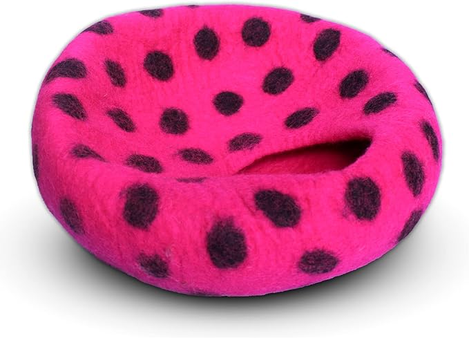 Woolygon Premium Felt Cat Cave Bed - Polka Dot Series - Wool Kitty Beds Handcrafted Kitten Caves Bed for Indoor Cats - Eco-Friendly Merino Wool, Foldable Cat Hideaway Cat Houses (Pink/Black Dots)-Mewly Pet