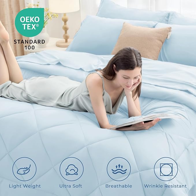 HEVUMYI Queen Comforter Set - 7-Piece All Season Bed in a Bag Queen, Ultra Soft Bedding Set with Comforter, Flat Sheet, Fitted Sheet, Pillowcases, Pillow Shams, Greyish Blue