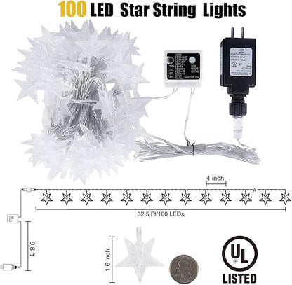 Star String Lights Plug in - 33 ft 100 LED Star Fairy String Lights with Remote and Timer, Waterproof for Bedroom Porch Wedding Party Patio Garden Tent Indoor Outdoor Décor, Warm White