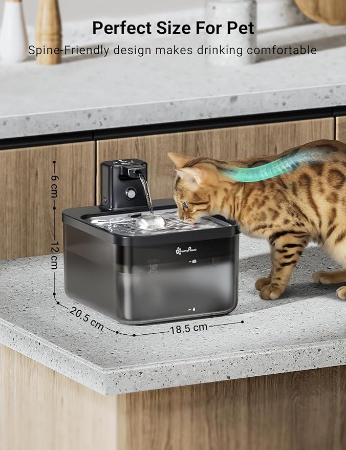 DownyPaws Cat Water Fountain Stainless Steel Cordless, 84oz/2.5L Fursink Wireless Pet Water Fountains for Cats Indoor, Battery Operated Cat Drinking Fountain, BPA-Free, Black with 6 Filters-Mewly Pet