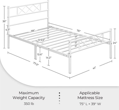 Yaheetech Twin Size Metal Platform Bed Frame with Simple Headboard and Footboard, Mattress Foundation for Under Bed Storage, Steel Slat Support, No Box Spring Needed, Easy Assembly, White