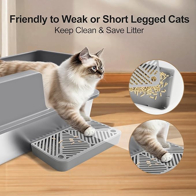 Sousia Stainless Steel Litter Box - Cat Litter Box Enclosure with Lid, High Side Large Cat Litter Tray Easy Cleaning Anti-Leakage with Litter Scoop and High Wall Sides Enclosure for Big Cats-Mewly Pet