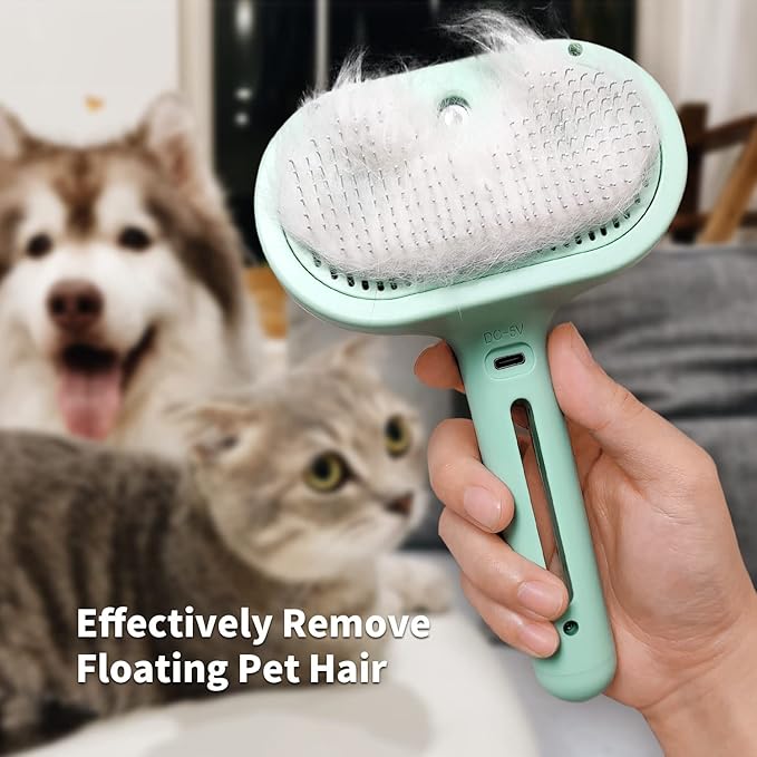 Cat Steam Brush for Shedding, 3 In 1 Steam Pet Brush Self Cleaning, Dog Brush for Long and Short Hair Dogs and Cats, Pet Grooming Comb Remove Tangled Loose Hair, Type-C Fast Charging (Green)-Mewly Pet