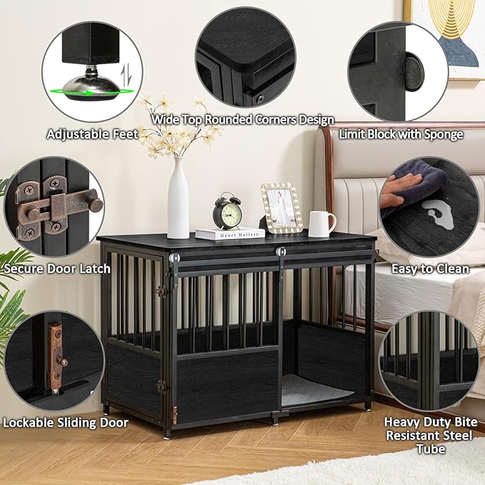 KOOPRO 40 Inch Dog Crate Furniture with Cushion for Small Medium Dogs, Wooden Heavy Duty Dog Kennel with Double Doors, Decorative Pet House Dog Cage Side End Table Indoor, Sliding Door Chew-Resistant-Mewly Pet