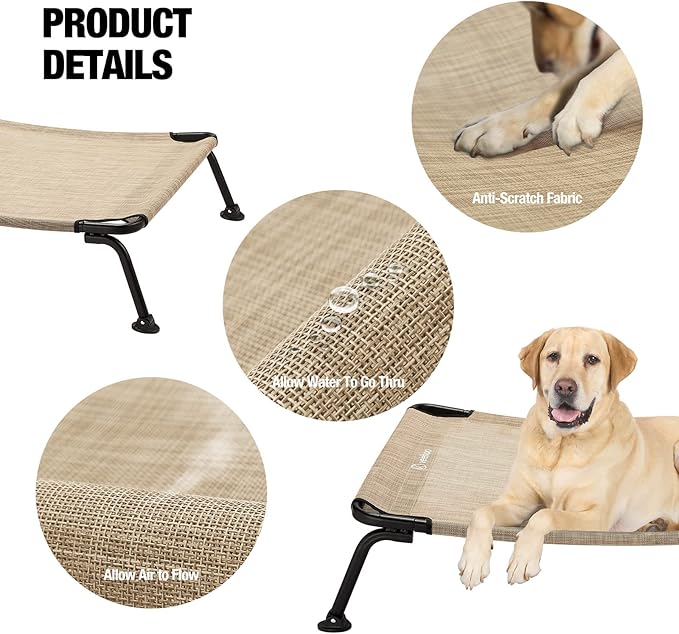 Veehoo Outdoor Elevated Dog Bed, Cooling Raised Dog Cots Beds for Medium Dogs, Portable Waterproof Curved Dogs Hammock Bed for Outside, up to 100lbs, Black Legs, Beige 32"-Mewly Pet
