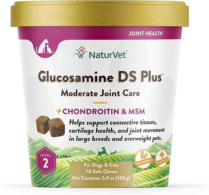 NaturVet – Glucosamine DS Plus - Level 2 Moderate Care – Supports Healthy Hip & Joint Function – Enhanced with Glucosamine, MSM & Chondroitin – for Dogs & Cats–70 Soft Chews-Mewly Pet