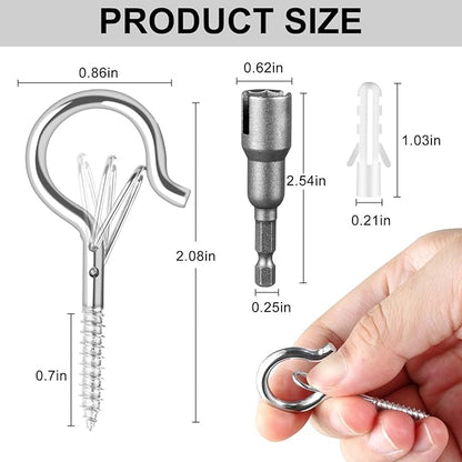 48 PCS Q-Hanger Hooks, Screw Hooks for Outdoor String Lights, Safety Buckle Design Cup Eye Hook for Hanging Christmas Lights, Plants, Mounted on Wall Ceiling, Include 1 Wing Nut Driver, Silver