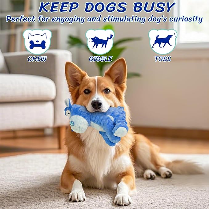 Squeaky Stuffed Dog Toys, Chew Toy for Large Medium Small Breeds, Plush Dog Toys to Keep Them Busy, Puppy Teething Dog Toy, Crinkle Dog Toy (Blue Hippo)-Mewly Pet