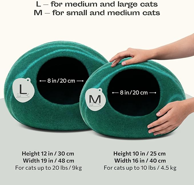 MEOWFIA Cat Cave – Premium Felt Cat Bed for Indoor Cats, Handmade 100% Merino Wool (Medium, Emerald)-Mewly Pet