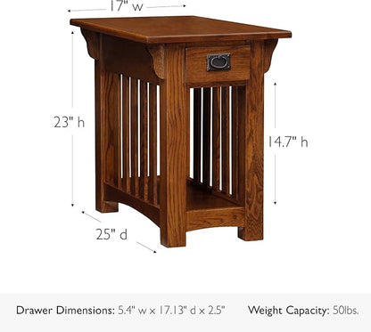 Leick Home Mission Impeccable End Table, Solid Wood Side Table with Drawer & Shelf, Slatted Sides, Blackened Hardware, Easy Assembly, Medium Oak Finish, 17 in L x 25 in W x 23 in H, 8206