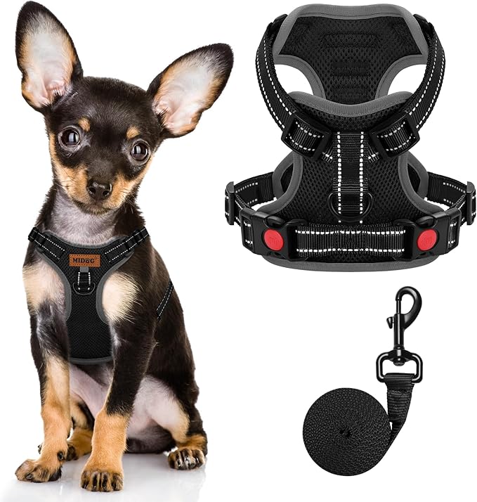 MIDOG No-Pull Dog Harness | Adjustable & Reflective Pet Harness Leash Set for Small Medium Large Dogs Walking, Training| No Choke, Front Clip, Soft Padded Vest with Easy Control Handle - Black, XS-Mewly Pet