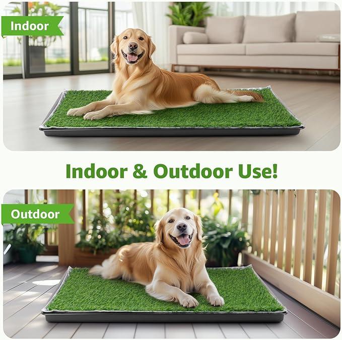LOOBANI 41x27in Large Dog Litter Box with 2 Artificial Grass Patch + 2 Washable Pee Pads, Quickly Absorbency Portable Patio Potty for Balcony Apartment Use