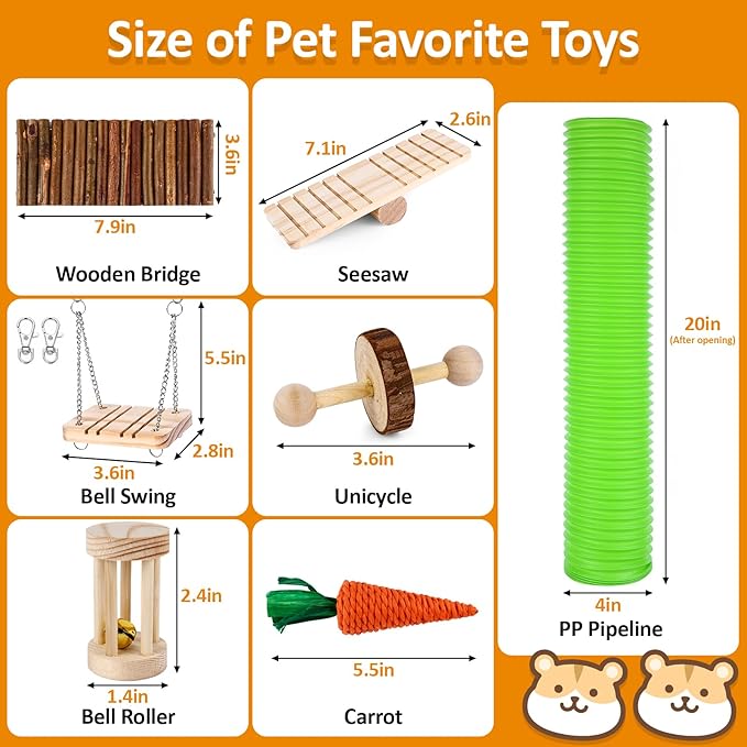 VESPRO Hamster Toys Set, Guinea Pig Toys Small Animal Chewing Toy and Rat Cage Accessories, Chinchillas, Gerbils, Rats, Rabbit Rodents Teeth Care, Apple Wood Timothy Hay Mouse Toy Swing Seesaw Bridge-Mewly Pet