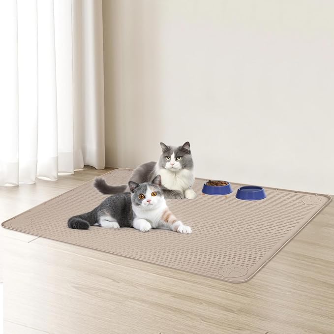 Cat Food Mat, 40" x 28" Extra Large Silicone Pet Feeding Mat with Raised Edge Pet Placemat for Food and Water Bowl Non-Slip, Easy to Clean, Floor Protection (Khaki)-Mewly Pet