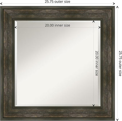 Amanti Art Brown Bathroom Mirror for Over Sink, 26x26 Rail Rustic Char Square Vanity Mirror, Medium Country Rustic Frame, Hangs Horizonally and Vertically, Bathroom Wall Decor, Beveled Edge