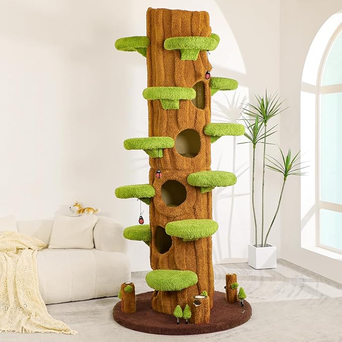90.5'' Luxury Cat Tree for Indoor Cats, All-in-One Tall Cat Tower with Scratching Post, Multi-Level House, Wood Condo for Multi-Cat Families (Green)-Mewly Pet