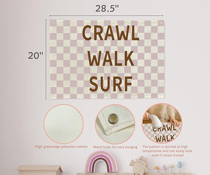 Nursery Rectangular Canvas Banner-Boho Flag Wall Sign Decor for Baby Boy Girl Kid,Baby Room Above Crib Playroom Reading Room Bedroom Decor-Crawl Walk Surf Theme-Baby Shower Birthday Christmas Gift