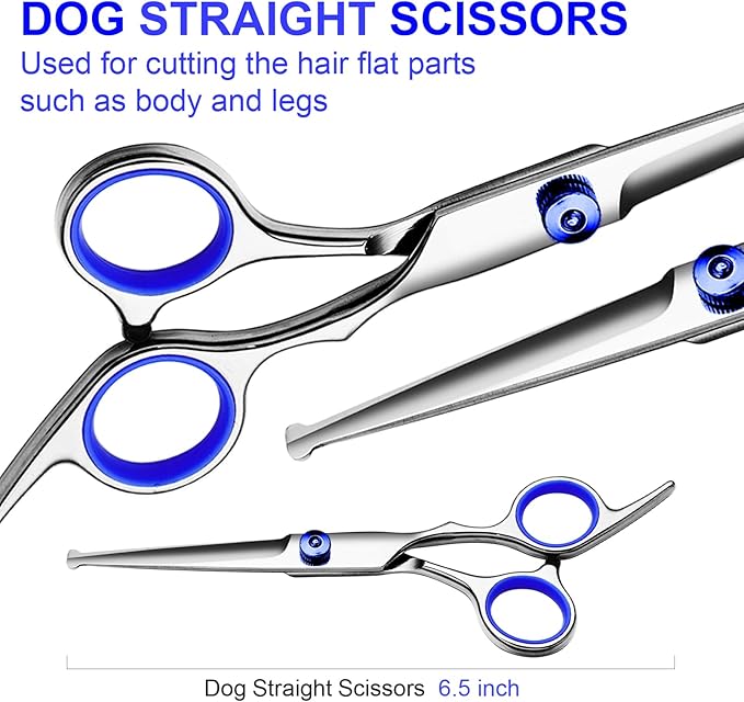 Professional Dog Grooming Scissors Kit, Titanium Coated Dog Scissors for Grooming, Grooming Shears Kit - Straight,Thinning, Curved Scissors and Comb for Dog Cat Pet (Blue 5 in 1)-Mewly Pet