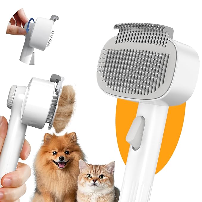 Self Cleaning Slicker Brush, 2-in-1 Cat Brush for Shedding, Skin Friendly Grooming Tool for Long & Medium-Long Hair Pets, Adjustable Bristle Length with Dematting Comb for Cats, Dogs-Mewly Pet