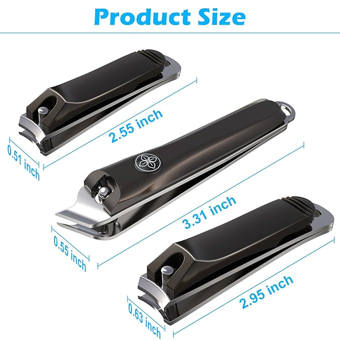 GLAMFIELDS 3pcs Nail Clippers Set, Black Stainless Steel Slanted Edge Nail Clipper & Fingernail & Thick Toenail Trimmer for Men and Women-Mewly Pet