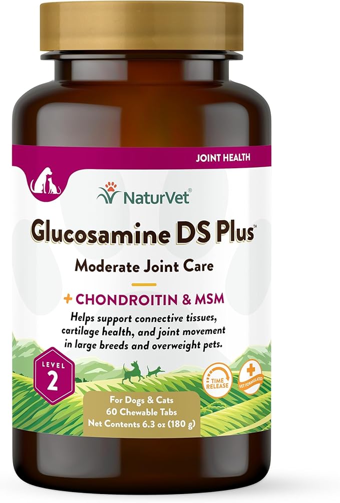 NaturVet Glucosamine DS Plus Level 2 Moderate Care Joint Support Supplement for Dogs and Cats, Chewable Tablets Time Release, Made in The USA, 60 Count-Mewly Pet