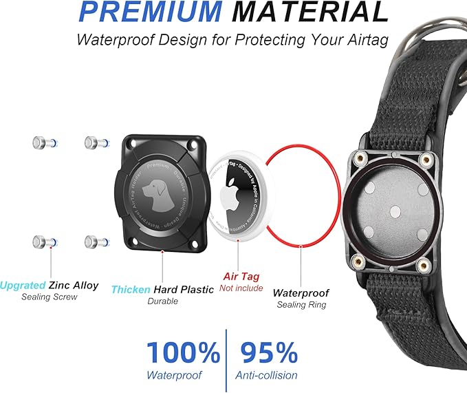 Waterproof Airtag Dog Collar - Nylon Collar with Durable Airtag Holder, Reflective&Anti-Lost with Safety Metal Buckle, Soft Padded Adjustable for Small Medium Large Dogs Black L-Mewly Pet