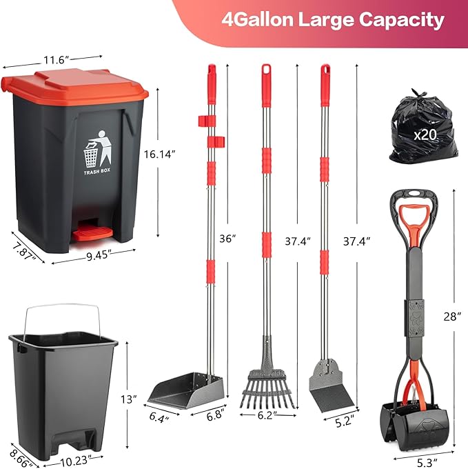 Pooper Scooper Set,Dog Poop Tray and Rake Set for Large & Small Dogs Dog Pooper Scooper 15 Litre Step Dog Poop Trash Can Outside W/Removable Inner Bucket with 20 Waste Bags-Mewly Pet