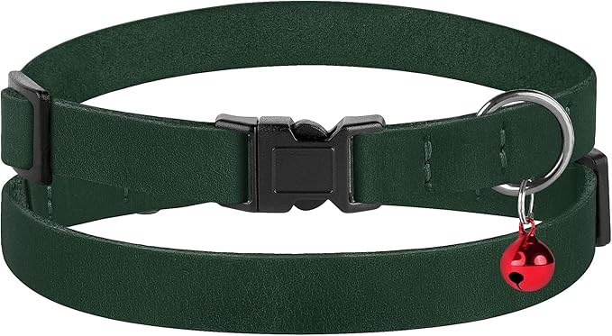 Breakaway Cat Collar Leather with Removable Bell - 13 Colors Available - Soft Adjustable Girl Boy Safety Lightweight Pet Kitten Collars Pink Brown Blue Green Red Orange Black (Emerald)-Mewly Pet