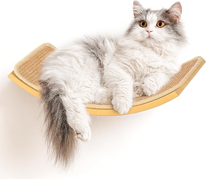 Curved Cat Wall Hammock with Scratchable Sisal Pad, Large Floating Cat Shelf for Wall, Wall Mounted Beige Bed for Playing, Climbing, and Sleeping-Mewly Pet