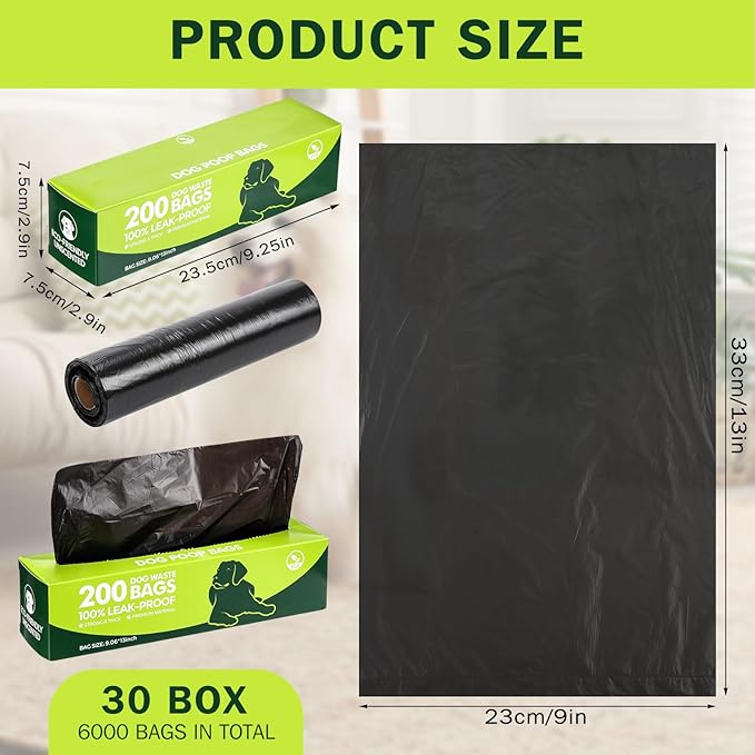 Harloon 6000 Counts Dog Poop Waste Bags 30 Rolls Extra Thick Strong Leak PET Proof Bags Disposable Bulk Universal Doggy Roll Waste Box for Puppy Outdoor Walking Travel(Black,13 x 9 Inches)-Mewly Pet