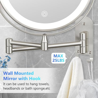 ALHAKIN 9" Wall Mounted Lighted Makeup Mirror, Rechargeable 1X/15X Magnifying Mirror with 3 Color Lights Dimmable, 360° Rotation, Nickel