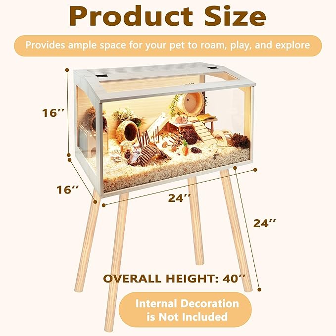 Prolee Hamster Cage Wooden Chew Proof, Extra Large Mice and Rat Habitat Openable Top with Acrylic Sheets Solid Built Small Animal Cage with Leg Stands, 24 Inch Long-Mewly Pet