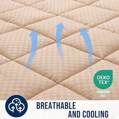 OLANLY Twin Quilted Fitted Mattress Pad – Soft Pillow Top Mattress Topper, Down Alternative Fill, Cooling Comfort Breathable Mattress Cover, Machine Washable Deep Pocket Mattress Protector, Beige