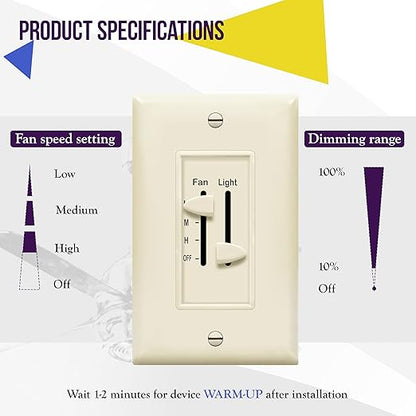 ENERLITES 3 Speed Ceiling Fan Control and LED Dimmer Light Switch, Light and Fan Combination Switch, Single Pole, 2.5A, 300W Incandescent, No Neutral Wire Required, 17001-F3-LA-F, Light Almond