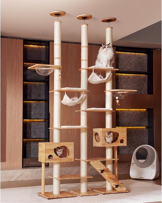 Wood Cat Tree for Indoor Cats, Modern Cat Tower, Unique Cat Condo with House, Tall Luxury Furniture with Heavy Duty Wide Base, Kraft Paper Rope Scratching Post, Removable Cushion (96.5-118.1 inch)-Mewly Pet
