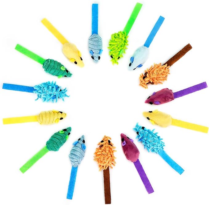 CHIWAVA 27PCS 2" Striped Shaggy Cat Toy Mice with Rattle Assorted Small Mouse Interactive Play for Indoor Cats Mix Color-Mewly Pet