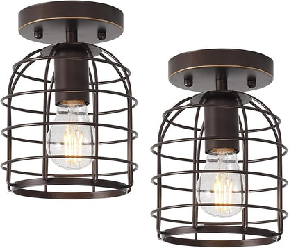 Create For Life® Industrial Vintage Flush Mount Ceiling Light,Rustic Metal Cage Semi Flush Mount Ceiling Lamp Fixture for Hallway Stairway Kitchen Garage, E26, Oil Rubbed Bronze Finish,2 Pack