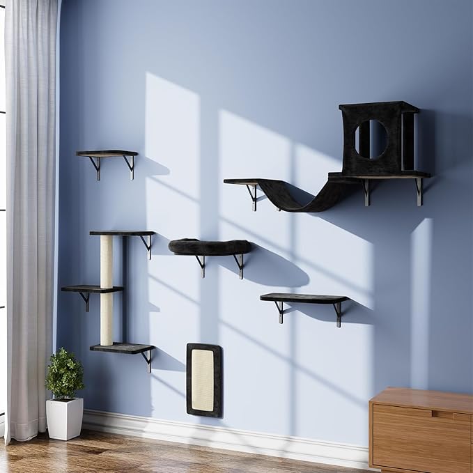 NUNU LAB Wall Mounted Cat Furniture, 6 Pcs Cat Wall Shelves with Condo House, Bridge, Steps, Scratcher, Hammock, Indoor Safe & Stable Furniture for Kittens Play, Black-Mewly Pet