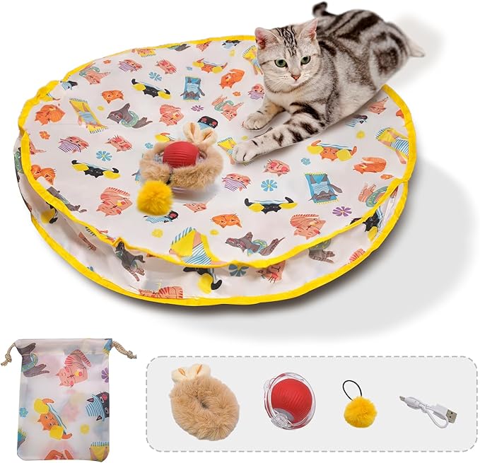 28-Inch Automatic Cat Toys Cat Play Mat with Motion-Activated Rolling Ball–Interactive Hide-and-Seek Cat Toy for Indoor Cats’ Exercise-Mewly Pet