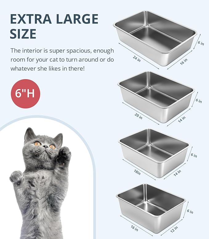 Stainless Steel Cat Litter Box, 6in Cat Litter Pan for Large Cats and Rabbits, Extra Large Metal Litter Box High Sides Odor Control Anti-Corrosion Nonstick-Mewly Pet