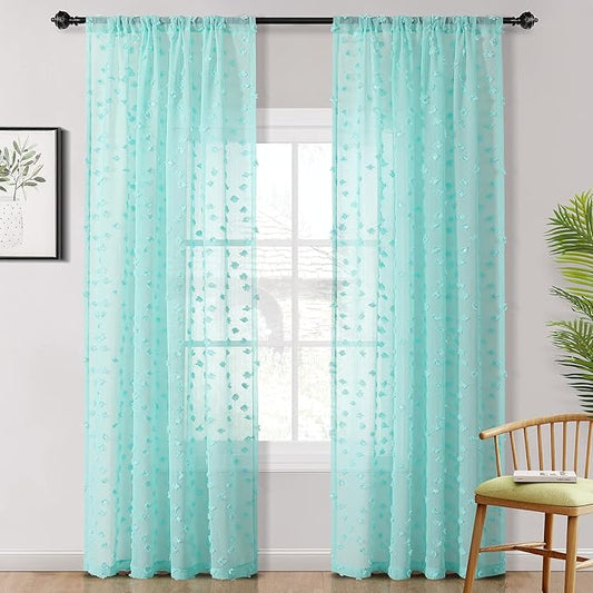 MYSKY HOME Pom Pom Aqua Sheer Curtains for Bedroom Living Room Light Filtering Semi-Sheer Curtains for Nursery Girls Kids Room Rod Pocket Boho Voile Draperies Aqua 52 x 95 inch 2 Panels